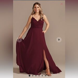 Wine Lace Chiffon Spaghetti Strap Long Bridesmaid Dress